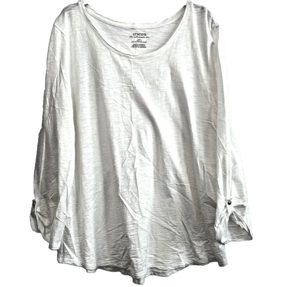 Chicos Womens Ultimate Tee XL Bright White 3/4 Tab Sleeve Silver Buttons Slub - Picture 1 of 8